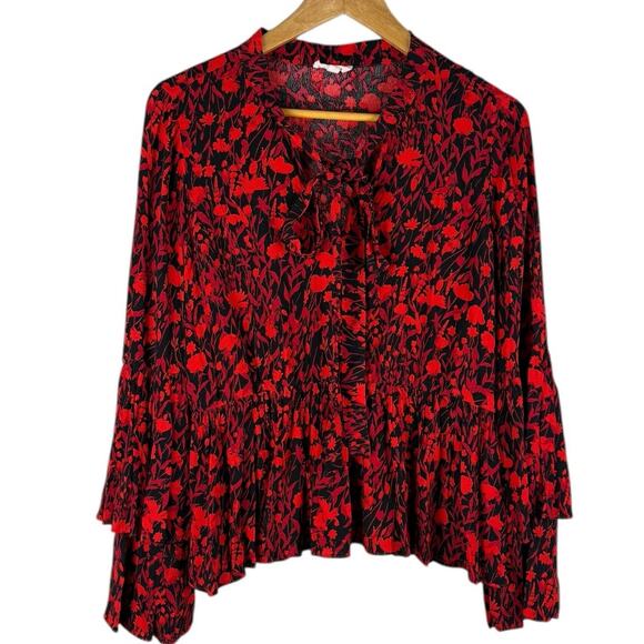 A Loves A Double Tiered Sleeve Tie Neck Floral Peplum Top Red‎ Black Size Medium - Picture 1 of 9